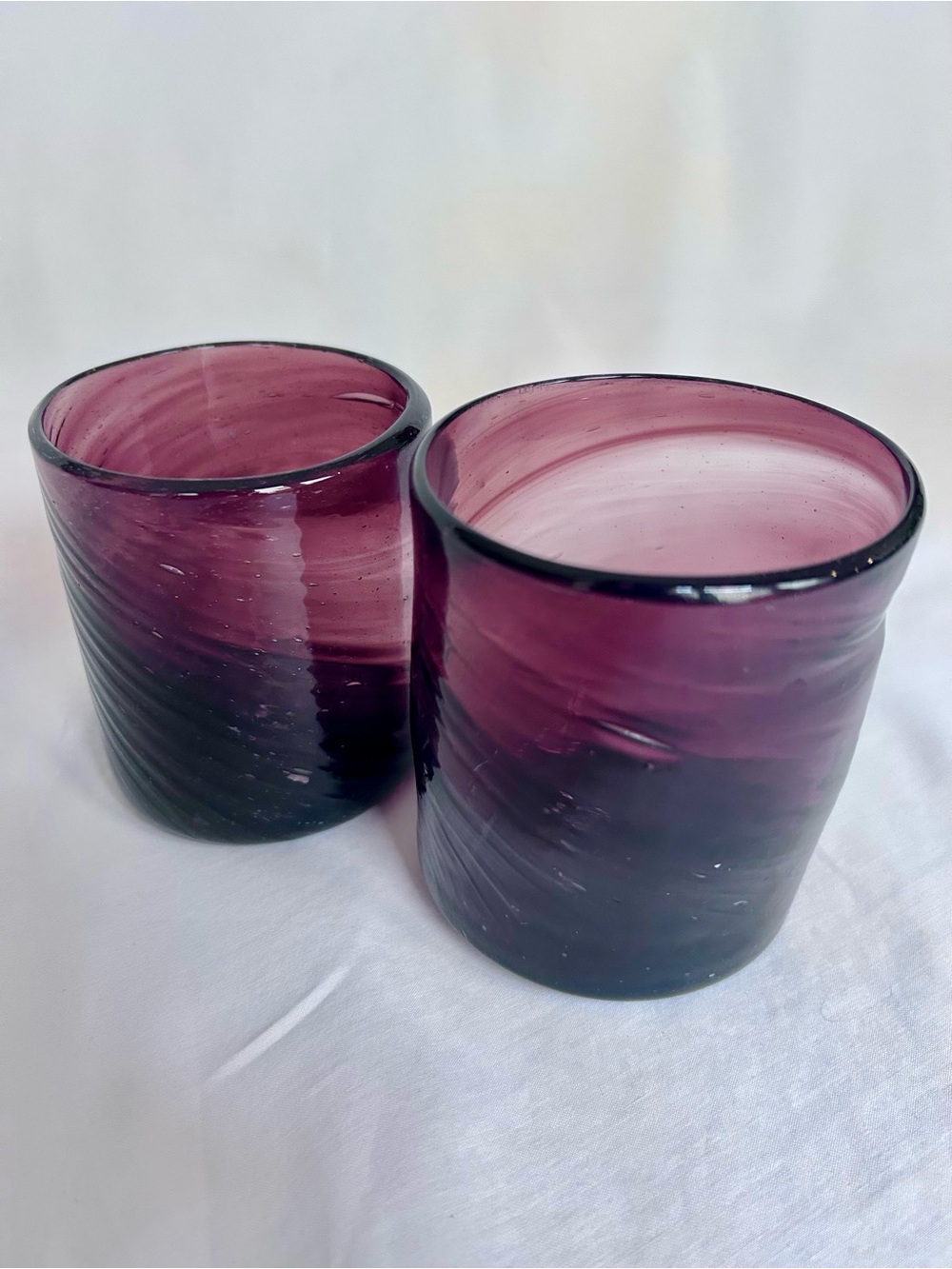 Set 2 Hand Blown Amethyst Purple Art Glass Tumblers Pontil Marks